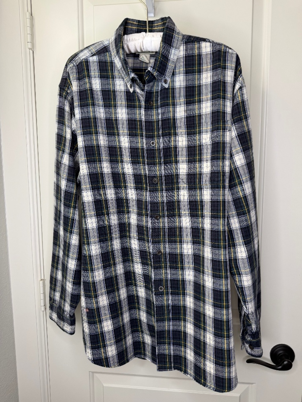 Vintage L.L. Bean 100% Cotton Plaid Flannel Shirt Green‎ Navy White Size Large